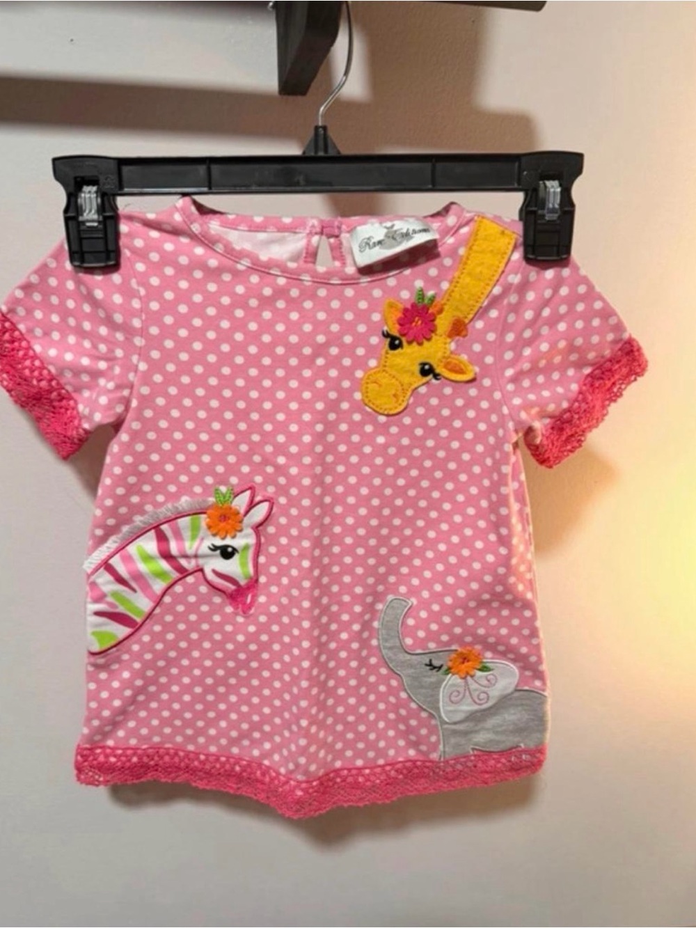 Rare Editions Pink Polka Dot Short Sleeve Tee with Animal Appliqués